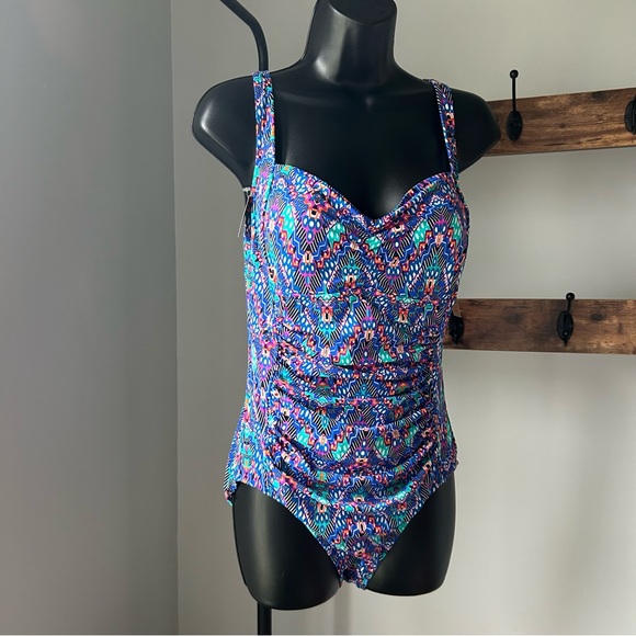 Swim Solutions Women's Tummy-Control Shirred One-Piece Swimsuit (Navy Multi, 12) - Picture 5 of 6